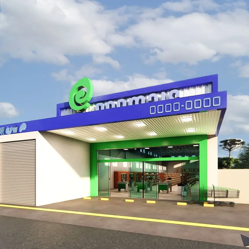 Fachada de supermercado com estrutura e cobertura metálica